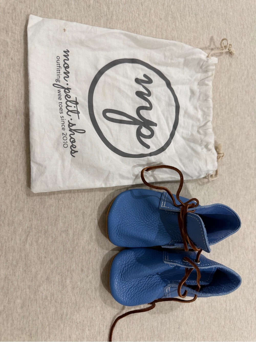 Mon Petit Blue Leather Baby Shoes with Brown Laces